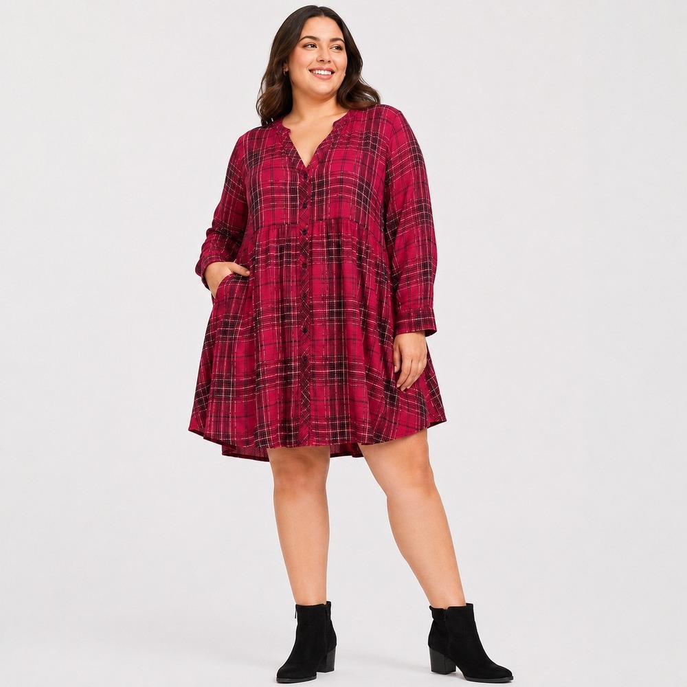 Torrid Red‎ Plaid Mini Challis Button-Front Shirt  Women 2 Metallic NWT